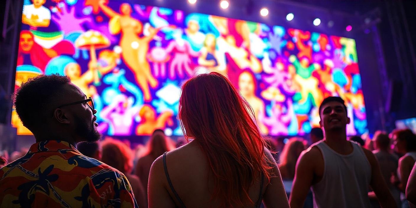 A large, vibrant LED video wall displaying colorful graphics and animations at a concert with a cheering crowd.